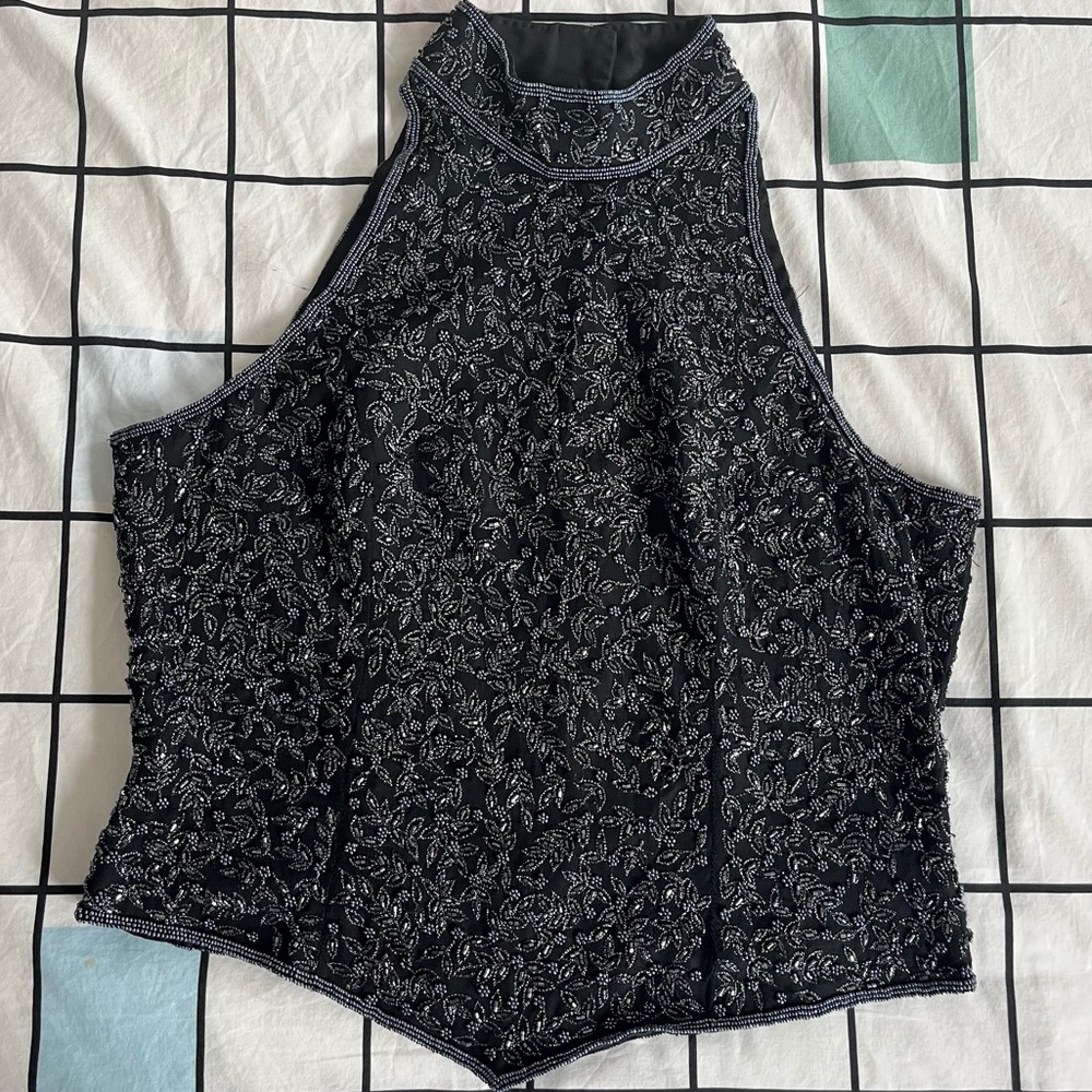 Vintage Papéll Boutique High Neckline Top Black Silk with Beads